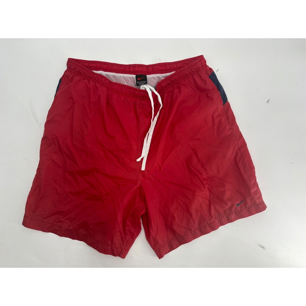 Nike Mens XXL Red Navy Blue Spellout Mesh Lined Swim Trunks Board Shorts